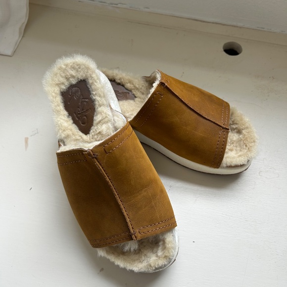 OTBT Wayside Platform Slides Shoes Brown Suede Shearling Lined - Picture 2 of 4